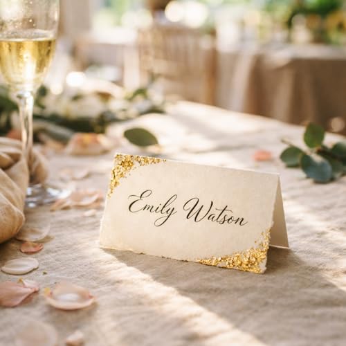 ForraFun 50 Pack Handmade Deckle Edge Tent Cards Watercolor Name Place Card for Table Setting 2" x 3.5" with Gold Foil Glue Stick Greeting Blank Cards for Wedding Holiday Table Dinner Party