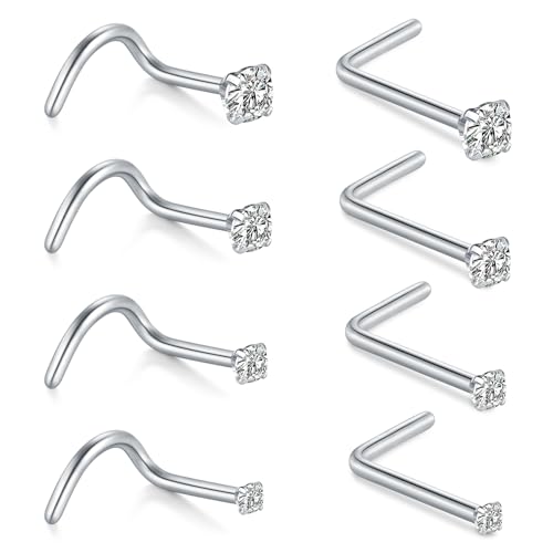 AceFun 8 Pieces 20G Nose Rings and Studs - Silver L Shaped Stainless Steel Diamond Small Nose Jewelry for Women Men - Corkscrew and Screw Piercing