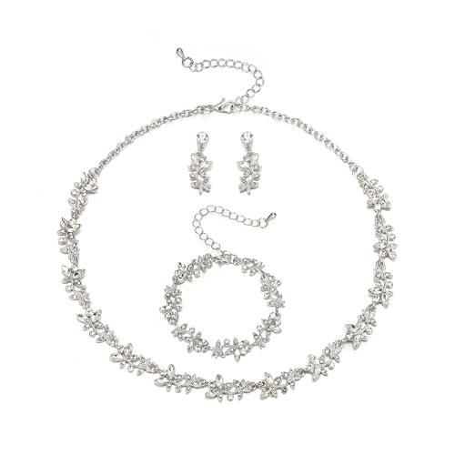 Juego de joyas de boda con marquesa de cristal y diseño de flor de hoja en acabado plata
