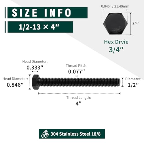 Image of 1 /2-13 x 4 Hex Head Bolts Black, 304 Stainless Steel 18-8 Hexagon Head Screws Bolts, Black Oxide Finish, Allen Hex Drive, 4 PCS