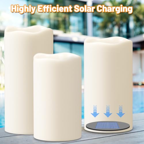 Image of Eldnacele Solar Outdoor Flameless Pillar Candles Waterproof Rechargeable | Solar Powered LED Flickering Candles, White Plastic Dusk to Dawn, Garden Porch Wedding Lantern Decor, 3 inch x 5 inch6 inch8 inch, 3 Pack