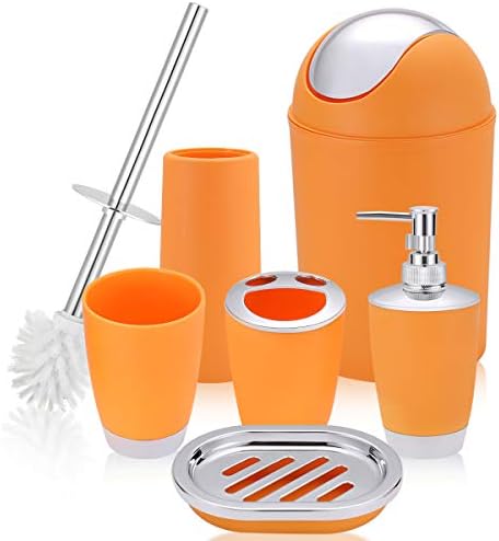 6 Piece Bathroom Accessories Set,Plastic Bath Ensemble Bath Set Lotion Bottles, Toothbrush Holder, Tooth Mug, Soap Dish, Toilet Brush, Trash Can (Orange)
