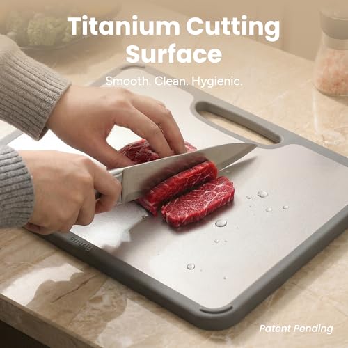 Image of SMIRLY Titanium Cutting Board for Kitchen, with Holder, 3 Pack, Silver | Food-grade Titanium Surface with a Non-porous, Double-sided Design for Easy Cleaning and Hygienic Food Prep