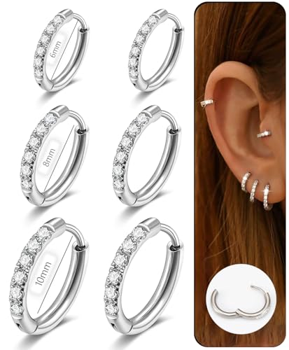 3 Pairs Silver CZ Huggie Earrings Set for Women Stainless Steel Small Hoop Earrings 6mm 8mm 10mm 1.6mm Slim Profile Hinged Cartilage Helix Lobe Ear Stack Jewelry