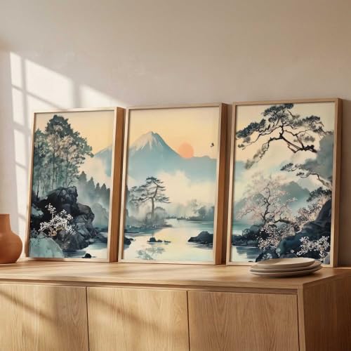 Image of kotart Japanese Nature Art View Framed Poster | Big Aesthetic Mountain View Art Wall Framed Posters for Living Room Bedroom Wall Decor Set Of 3 (20x30 Inch)