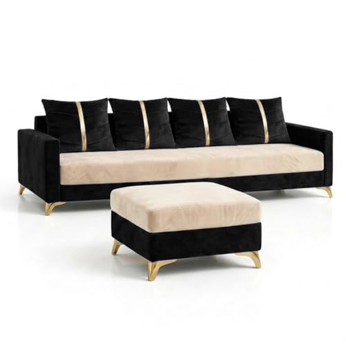 Image of Caviar 5 Seater L Shape Sofa Set with Movable Ottoman | Flexible Layout | Luxury Velvet Suede Fabric | Modern Living Room Sofa | Black - Cream