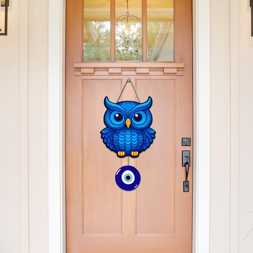 Image of Genxtra Blue Owl Wall Hanging with Evil Eye Charm | Wooden Home Decor for Positive Energy & Protection | Perfect Wall Art for Living Room, Bedroom, Office & Gift for Housewarming or Diwali