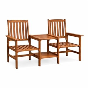 Garden Mile Wooden Garden Love Seat – 2 Seater Jack & Jill Companion Seat with Table & Parasol Hole, Outdoor Patio Bench for Garden, Balcony & Decking