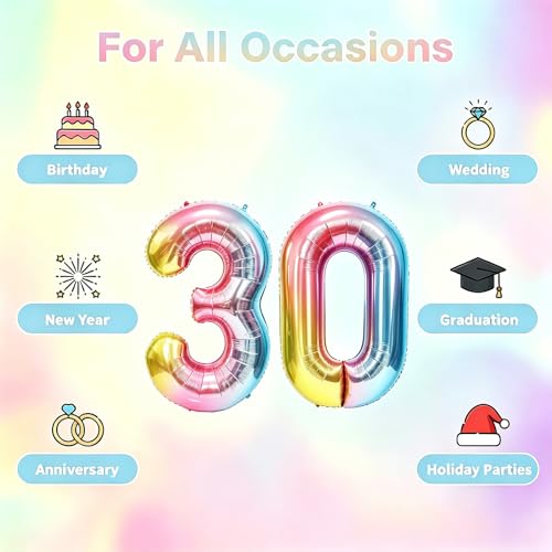 Image of Rainbow Number Balloons Birthday Balloons - Giant Number 30 Balloon 40 inch, Numbers Balloon Birthday Decorations, Rainbow Party Supplies for Baby Shower