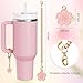 6 Pcs Set Compatible with Stanley Cup Accessories, 4 Pink Flower Straw Toppers Compatible with Stanley Straw Cover 9-10 mm, 2 Cute Flower Charms for Tumbler with Handle