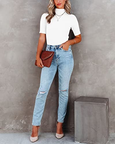 Image of Lacozy Women Casual Short Sleeve Shirt Basic Mock Neck Top Slim Fit Ribbed Knit Pullover Sweater