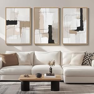Large Framed Neutral Abstract Wall Art for Living Room, Set of 3 Modern Black and White Beige Canvas Prints Paintings Artwork for Walls, Minimalist Pictures for Bedroom Hallway Wall Decor 24×36 In