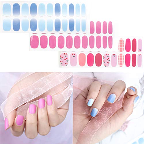Fornail 3 Sheet Solid Color Nail Polish Strips Pink Cute Gel Nails Art Self-Adhesive Stickers Nail Wraps with Design for Women Girls