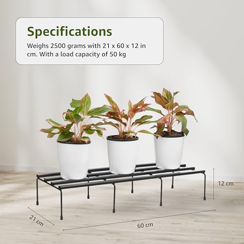 Image of Amazon Brand - Solimo Folding Metal Plant Stand (Pack of 2, Black) - Heavy-Duty, 50 kg /Shelf Load Capacity, 21 x 60 x 12 cm, Indoor & Outdoor Use