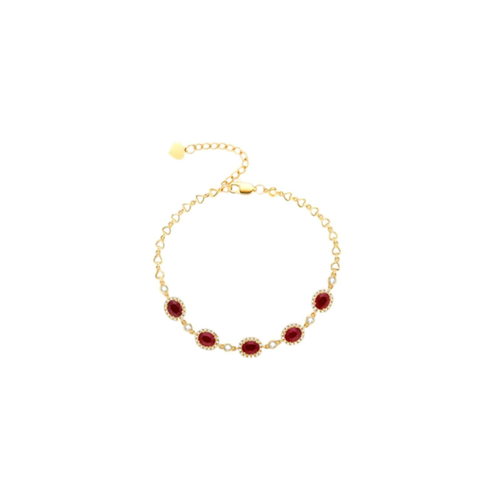 Pulsera Mujer Oro Amarillo 9 K / 14 K / 18 K, Oval con Rubí y Diamante, Cadena Extensible 16 CM + 5 CM, Pulseras Cadena Oro Mujer Ajustable