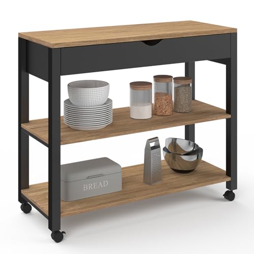 IDMarket - Carrello da cucina Penh XXL con cassetto e piano di lavoro nero vassoi in faggio L.100 cm