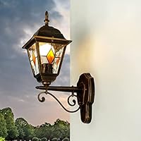 Lámpara de pie exterior SALZBURG de color oro Antiguo cristal Tiffany 1,03m E27 IP44 Farola de estilo rústico para jardín, luz de poste