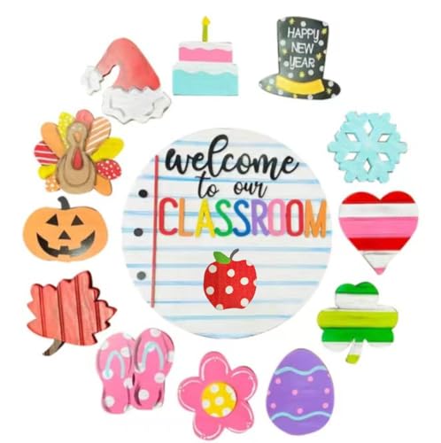 Welcome to Classroom Front Door Decoration Sign Seasonal Door Sign -12 inch Interchangeable Wooden Plaque for Classroom/Home DIY Wall Decor for Christmas Holidays & Back-to-School 13 Patterns
