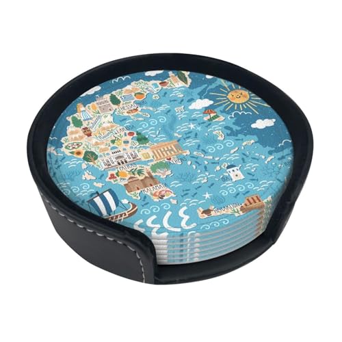 Dessous de Verre imprimé Carte de Grèce (Lot de 6) • Dessous de Verre Ronds pour café, bière, vin • Décoration pour la Maison, la Cuisine ou Le Bureau