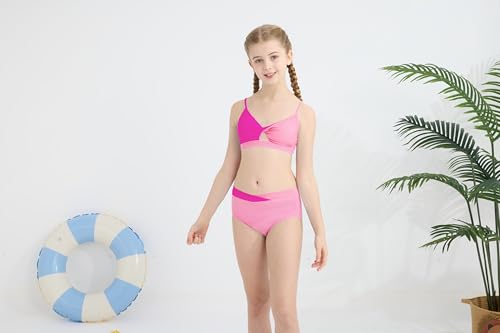 Girls Swimsuit Color Block Twist Bathing Bikini Suit Adjustable Straps Girls 2 Piece Swimsuit 7-14 Years2