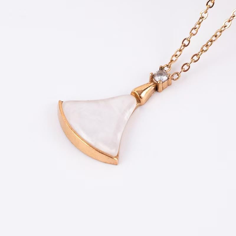 18K Gold Plated Shell Fan Pendant Necklace with Cubic Zirconia Accent – Elegant Mother of Pearl Charm Statement Jewelry - Image 2