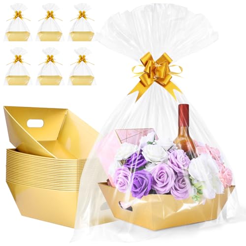 20PACK Gold Baskets for Gifts Empty, 12x10x4” Thick Cardboard Gift Basket Kit with 20 Bows & 20 Bags - Kraft Empty Gift Baskets for Christmas, Weddings, Birthdays, Bulk Gifting