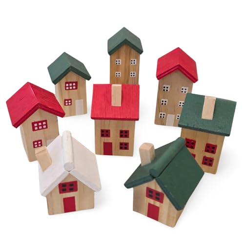Logbuch-Verlag Casas decorativas de madera, juego de 8 – Pequeñas casitas naturales con rojo y verde – Mini casas para colocar de pie – Decoración de invierno Navidad