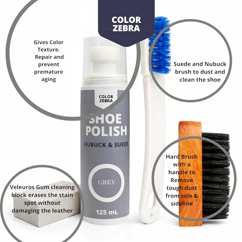 Image of Color Zebra Nubuck & Suede Shoe Polish and Shoe Care Kit | 125 ML Renovator with Handled Brush, Wooden Suede Brush & Cleaning Block