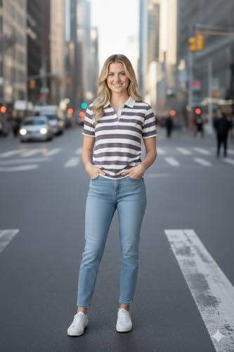 Image of Mack Jonney Women's Striped Polo T-Shirt | Half Zip Collar | Half Sleeve Cotton Casual Top | Relaxed Fit-M7496