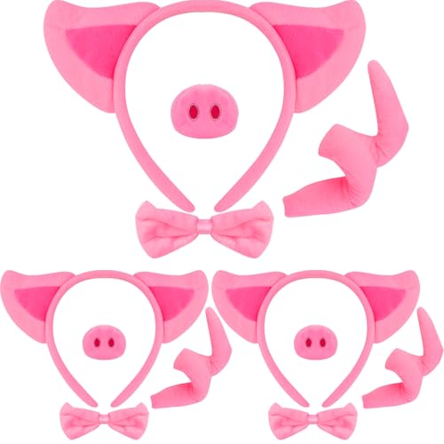 TMKEFFC 12 PCS Pig Costume Accessories Set 3 Pack Pig Nose Ears Headband and Curly Tail Kit Animal Dress Up for Halloween School Plays Farm Party Cosplay & Birthday Gifts