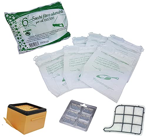 Filtro Griglia e Filtro Hepa Gecasa 6 Sacchetti in Carta Profumini e Filtri per Folletto Vorwerk Kobold vk135 vk136 (Classica, 6 Sacchetti 1 Filtro Hepa 1 Filtro Griglia)