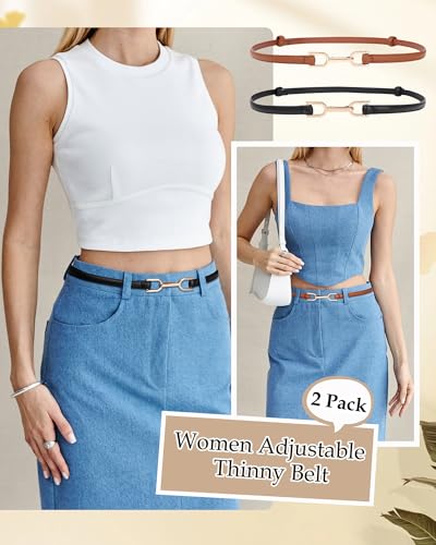 Kajeer Skinny Women Belt 2 Pack, Ladies Adjustable Thin Waist PU Leather Belts for Jeans Pants Dresses with Gold Buckle2