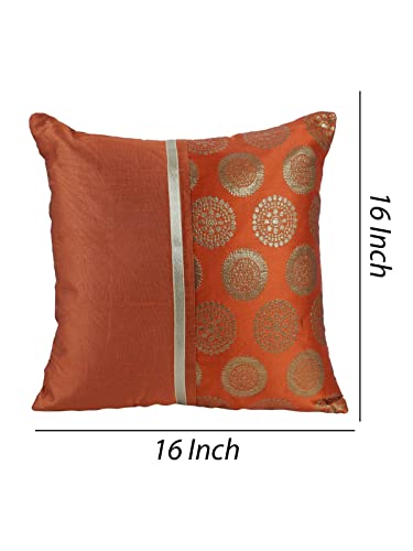 Image of ROMEE Unique Floral Polyester Orange & Gold Cushion /Pillow Covers for Sofa Pack of 5 (16 X16 Inches)