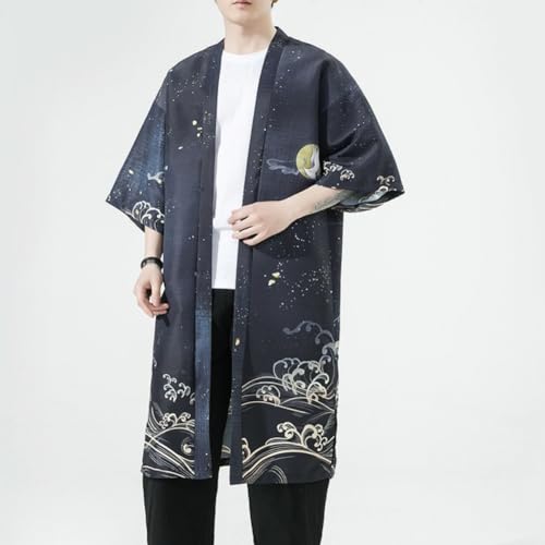 Men Japanese Long Kimono Cardigan Jacket Loose Yukata Outwear Coat Japanese Style Flying Crane Open Front Robe2