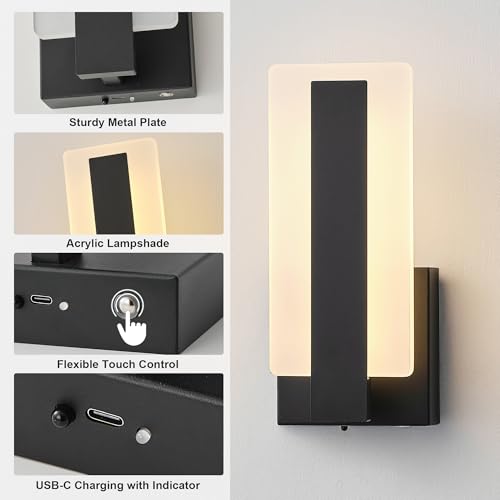 Image of KARTOOSH Rechargeable Wireless Wall Sconces,Battery Operated Modern Wall Light Set of Two with Remote Control,Dimmable,3000K /4000K /6000K,Timer,Cordless Lighting for Hallway,Bedroom,Living Room Black
