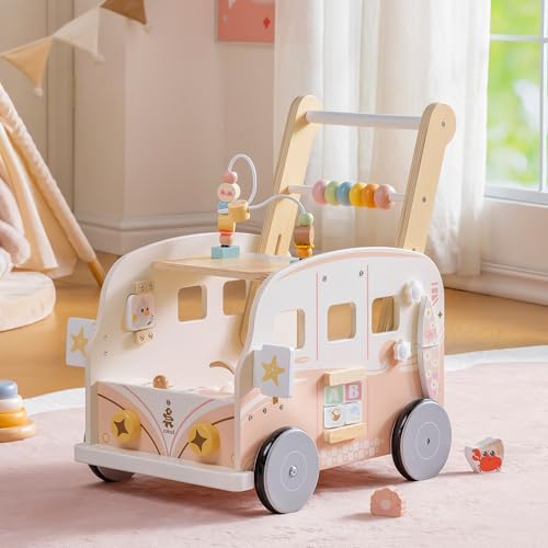 ROBUD Wooden Baby Walker Height & Speed Adjustable Baby Push Walker with Anti-Slip Wheels Developmental Activity Center with Ocean Vacation Theme Wooden Walkers for Babies Learing to WalkPink