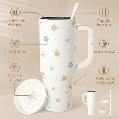 Image of Floral 40oz Slider Tumbler with Handle and Straw - Insulated Stainless Steel Travel Coffee Mug for Women Girls, Gift for Birthday Christmas