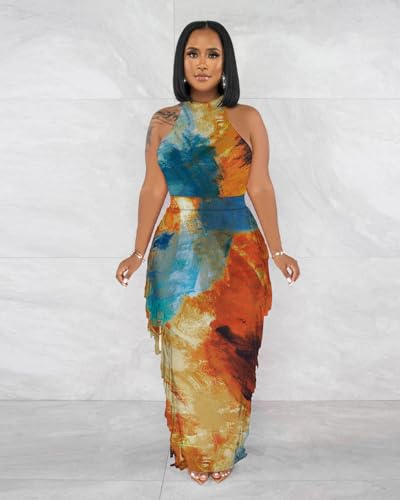 Image of 2 Piece Outfits for Women Sexy Halter Neck Sleeveless Crop Tops Ruched Bodycon Dresses Jumpsuits Fringe Skirt Sets