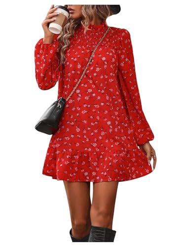 Floerns Women's Floral Print Long Sleeve Mock Neck Ruffle Hem Short Swing Shift Dresses Red Medium