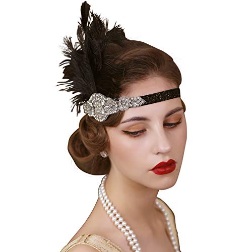 SWEETV Black 1920s Headpiece Feather, Rhinestone Flapper Headpiece, the Great Gatsby Hair Accessories