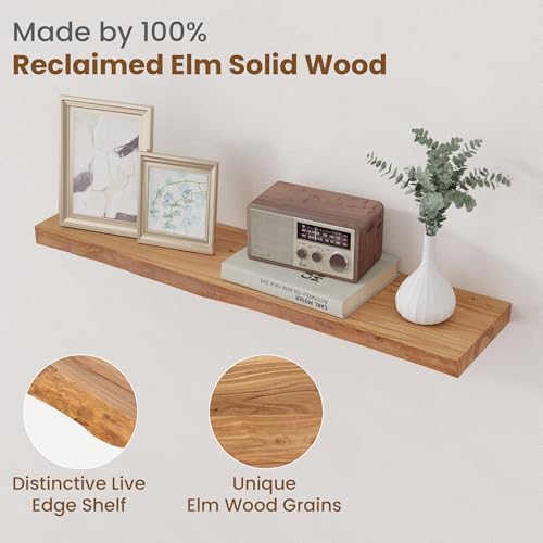 Image of Floating Shelves for Wall Decor, Rustic Solid Elm Wood Live Edge Floating Shelves Wall Mounted, Wall Shelves with Invisible Bracket for Living Room Bathroom Bedroom Kitchen, 32 Inch Set of 2, Natural