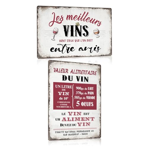 Lot de 2 - Bar Decoration Murale en Alcool Plaque Metal Vintage - Vin Publicitaire Citation Française Panneau Pancarte Pour la Pub Club Cuisine Restaurant...