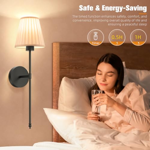 Image of NIORSUN Battery Operated Wall Sconce Set of 2,Beige-Black Rechargeable Wall Lights with 10400mAh Dimmable Bulbs and Remote, 9 Colors Wireless Wall Lamps for Bedroom Living Room Hallway