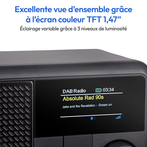MEDION S66822 Radio Portable Mini Dab+ avec Bluetooth (Batterie Rechargeable, écran Couleur à intensité Variable, antenne télescopique, minuterie de Mise en Veille, réveil, AUX, USB-C) Noir
