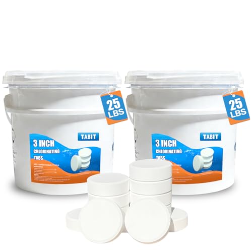 Image of TABIT 50 lbs Chlorine Tablets 3 Inch for Swimming Pools - Slow Dissolving & Long Lasting - 90% Available Chlorine Tri-Chlor - Kills Bacteria & Stops Algae - 2 x 25 lb Buckets