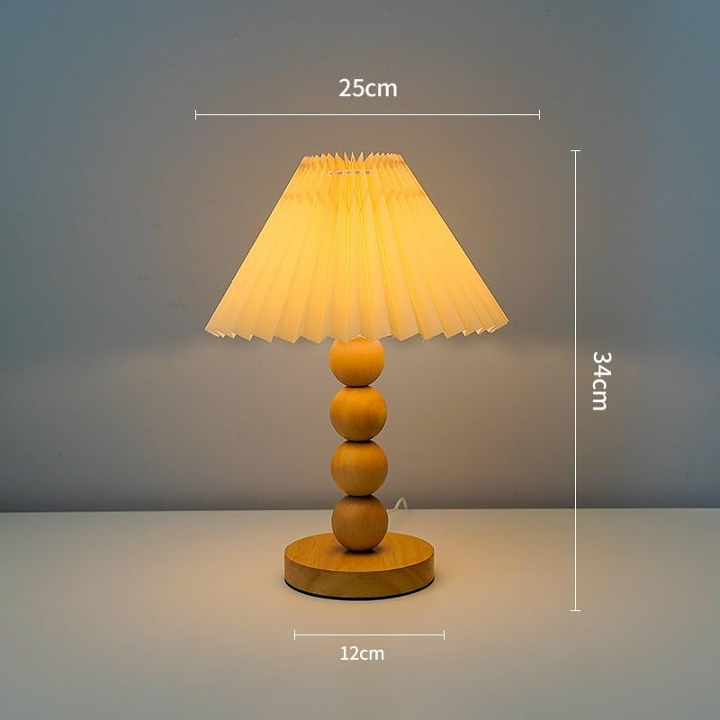 Lampka nocna Drewniana szafka nocna w stylu retro, sypialnia, abażur plisowany, mała lampa stołowa Dekoracje(Yellow)