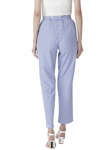 Image of Style Quotient Women Blue & White Original Tapered Fit Striped Cropped Trousers