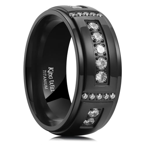 King Will Men's Titanium Wedding Band - 8mm Polished Band with Step Edges and Cross Design Featuring White Zirconia Insets Comfort Fit Size 7-14