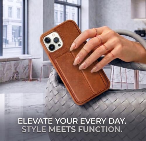 Image of amazon basics Luxury Vegan Leather Back Cover for iPhone 11 Pro Max | Built-in Card Holder Slot | Integrated Mobile Stand | Slim Shockproof Protective Case with Stitched Finish - Tan