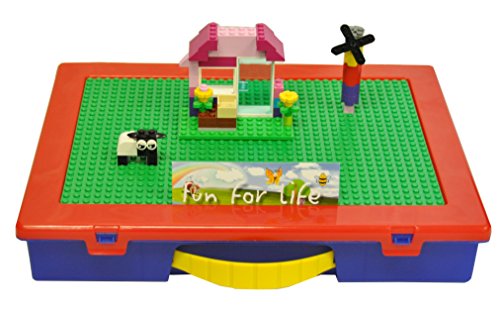 Lego-Compatible Fun For Life Organizer Case with Building Plate(Green / Blue)- Fun
